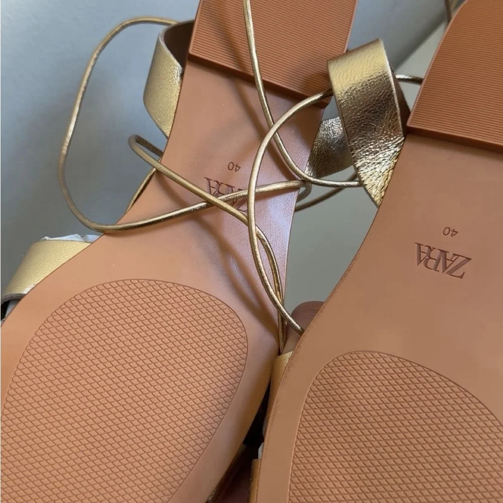 ZARA Metallic Gold Woven Lace-Up Sandals - Picture 4 of 4